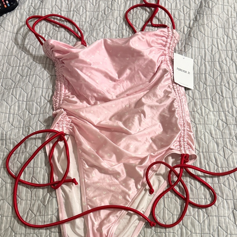 Forever 21 Pink Satin One-Piece Swimsuit with Red Straps